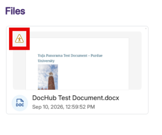 Screenshot of a Files page displaying DOCX document “DocHub Test Document.docx,” with accessibility indicator icon highlighted in red