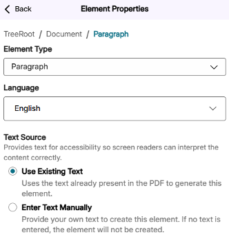 Screenshot of a PDF accessibility editor’s Element Properties screen for a paragraph. English language is selected, with “Use Existing Text” enabled and “Enter Text Manually” available as an alternative.
