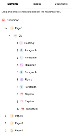 Screenshot of a PDF accessibility panel showing document elements arranged in reading order. Expanded Page 1 lists a div, two Heading 1 items, four Paragraph items, Figure, two Captions, and NonStruct, while Pages 2–4 remain collapsed.