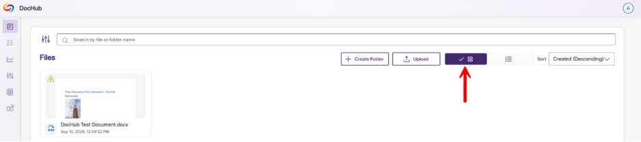 Screenshot of DocHub Files page showing document-management controls and one uploaded file, “DocHub Test Document.docx.” Toolbar includes Create Folder,