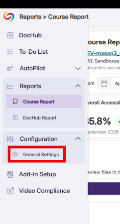 Screenshot of the Panorama dashboard showing navigation sidebar and partially visible report metrics. Reports > Course Report is selected, while Configuration > General Settings is emphasized with a red outline; sidebar also lists DocHub, To-Do List, AutoPilot, Add-in Setup, and Video Compliance.