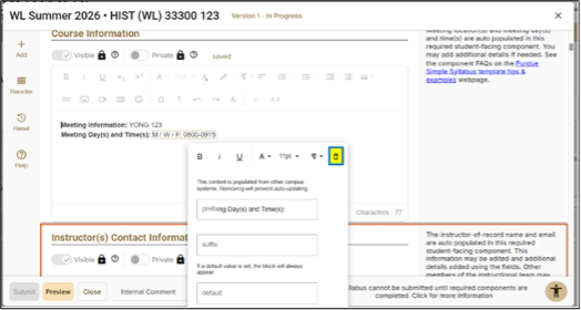 Screenshot of a course-information form for WL Summer 2026 HIST (WL) 33300 123, showing meeting information for YONG 123 on Mondays, Wednesdays, and Fridays from 8:00–9:15. Highlighting Remove Block option at the top-right of the pop-up window.