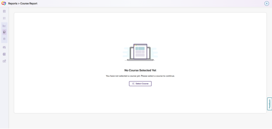 Screenshot of a course report page showing an empty-state panel with message “No Course Selected.”
