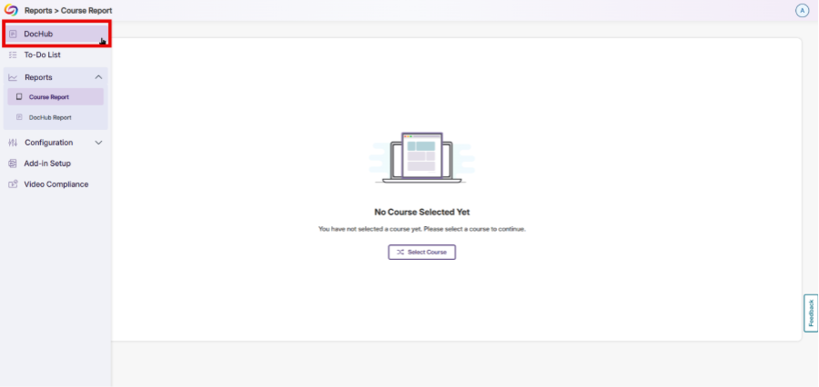 Screenshot of a course-report dashboard with left navigation, breadcrumb “Reports > Course Report,” and menu options for To-Do List, Reports, Configuration, Add-on Setup, and Video Compliance. Main panel displays “No Course Selected,” prompts course selection, and includes “Select Course” button.