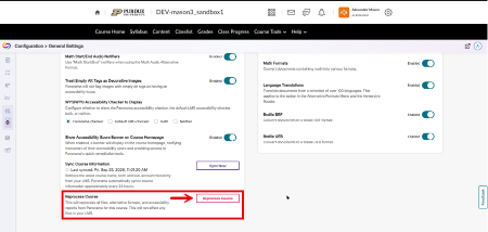 Screenshot of the Panorama Course Settings page. Left panel lists accessibility options, with “Reprocess Course” highlighted by a red box and arrow