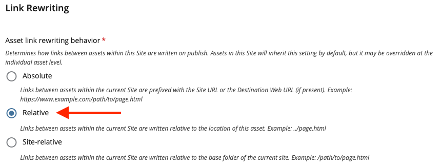 Highlights the Relative link rewriting setting in Cascade Site Settings
