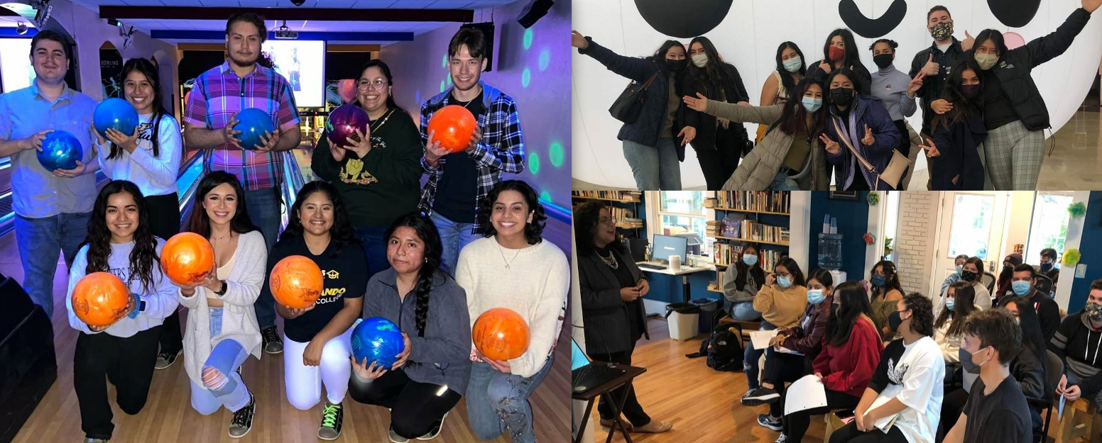Collage of Students posing at Bowling Ally with orange bowling balls; students posing with arms to the side and thumbs out; students sitting down listening to a presenter