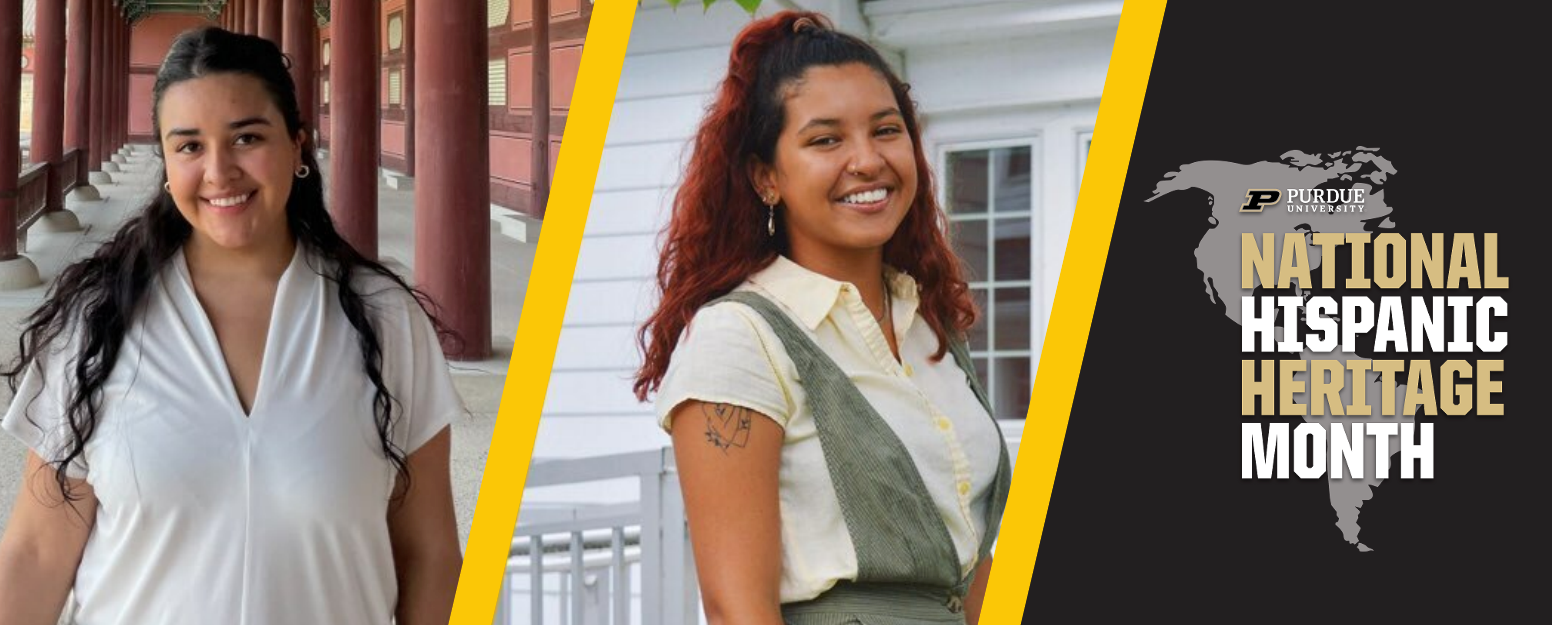 brown skinned woman with dark brown long curls in a white top next to brown skin woman with red hair in a ponytail with yellow top and army green overalls with text next to her that reads National hispanic Heritage Month