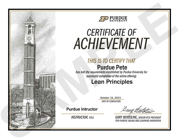 Purdue LSS Lean Principles Certificate example