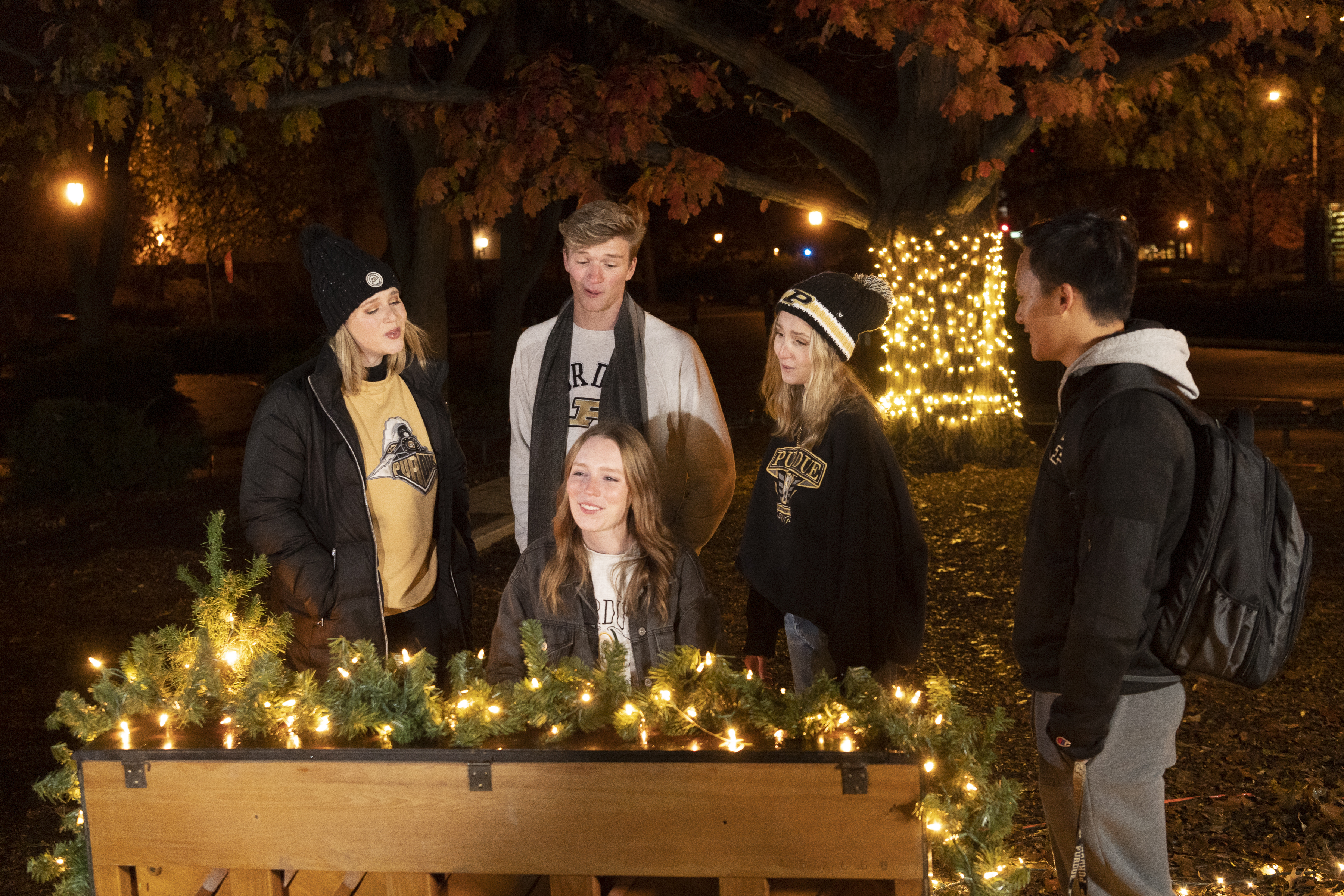 Purdue Musical Organization students perform the holiday rendition of the beloved Purdue classic, “Hail Purdue”.  