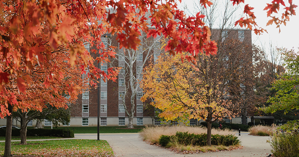 Multicolored fall trees line the sidewalks near a large brick building on Purdue University’s campus.