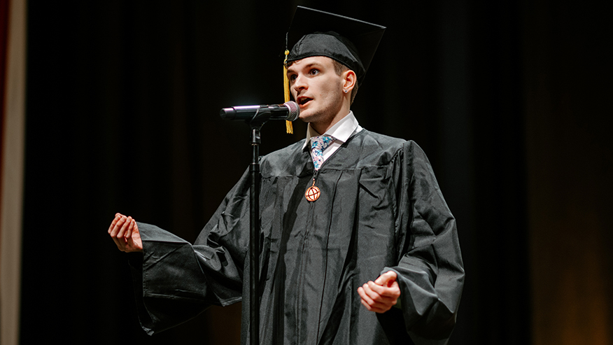arson Sowers of Lexington, Virginia, sings the national anthem during Purdue Global’s commencement.