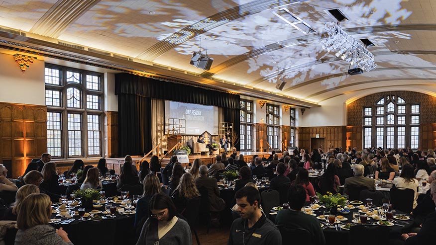Tables of people listen to a fireside chat.