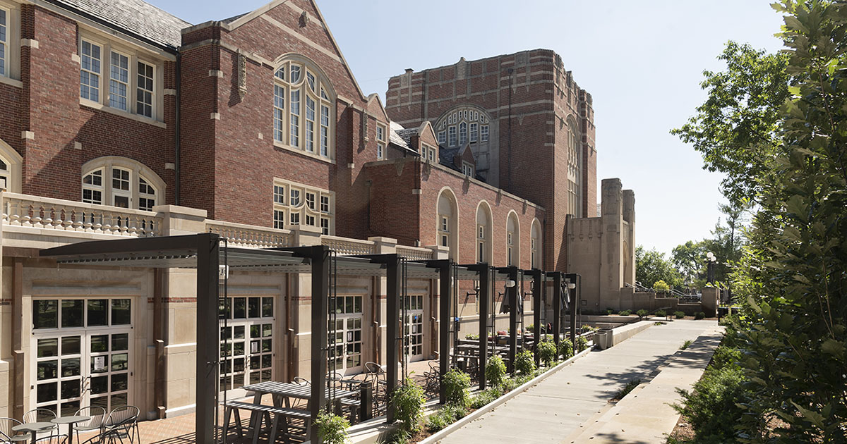 The Purdue Memorial Union’s outdoor terrace on a sunny day