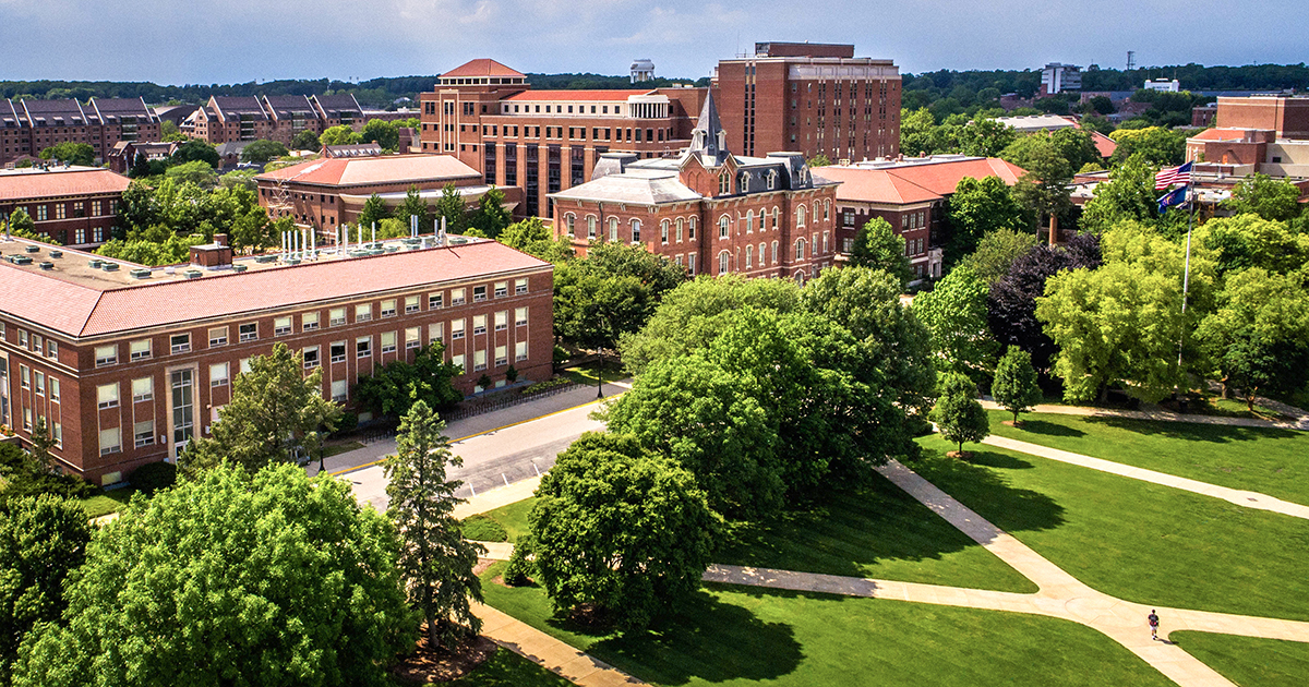An aerial view of Memorial Mall on Purdue University’s campus