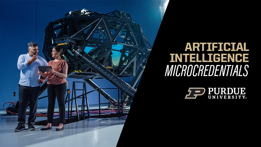 A graphic with a man and woman pictured talking next to a large robot and the words “artificial intelligence microcredentials.”