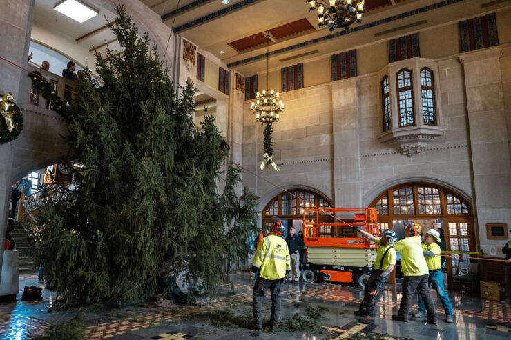 Workers in safety gear position a large Christmas tree inside the Purdue Memorial Union – a building with high ceilings, chandeliers and holiday decorations, while onlookers watch from a balcony.