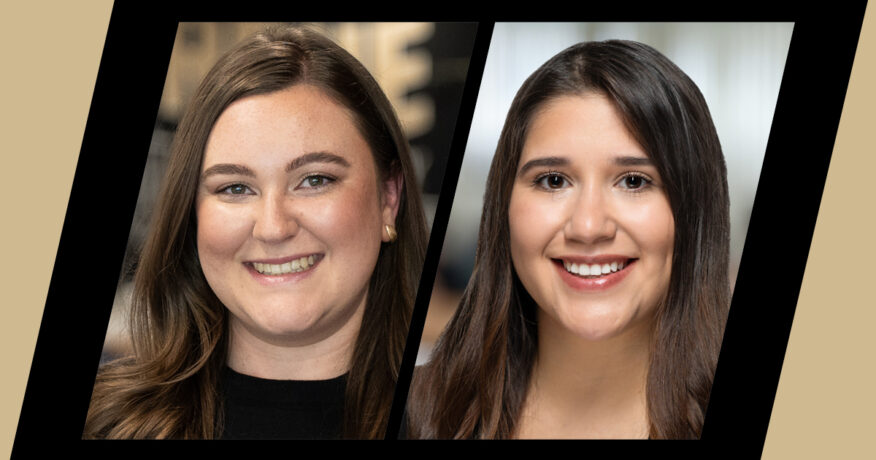 Side-by-side portraits of Margaret Betz and Alexis Martinez against blurred backgrounds, framed within Purdue’s gold and black diagonal design