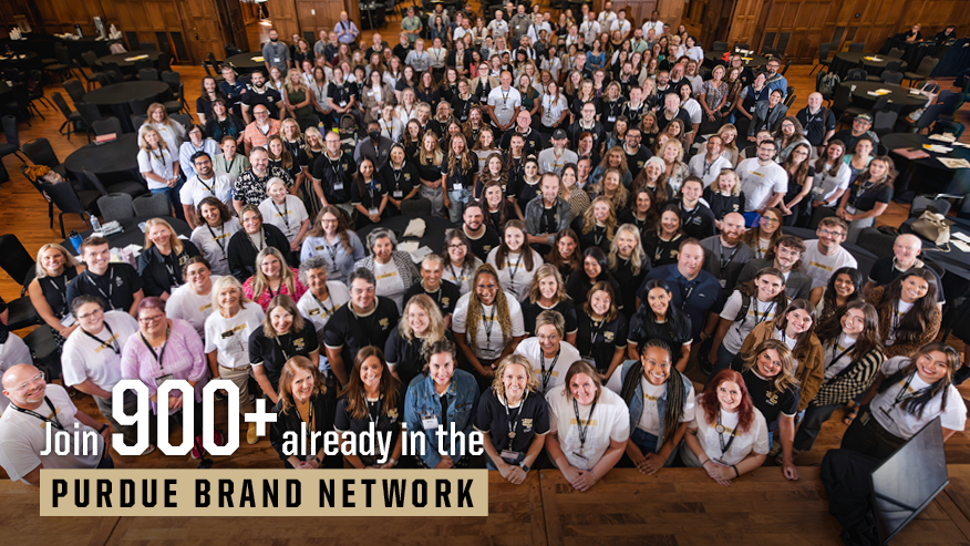 Huge group of Purdue staff gathered together, representing the growing Purdue Brand Network of 900+ members.