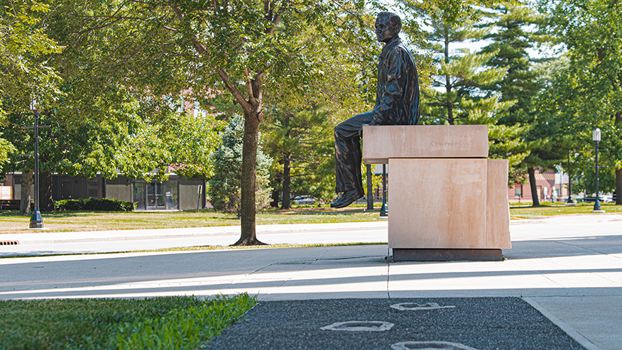 Purdue’s Neil Armstrong statue with his replicated steps in the foreground