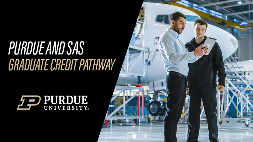 A graphic with two men looking at a tablet in front of a plane with the words 