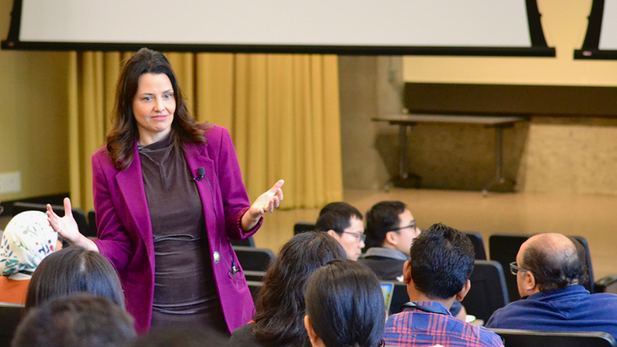 Purdue administrator Haley Oliver addresses graduate students and postdoctoral scholars at Future Faculty Boot Camp.