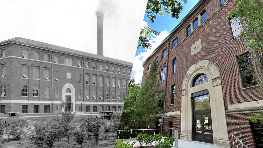 Black and white photo and colored photo of building