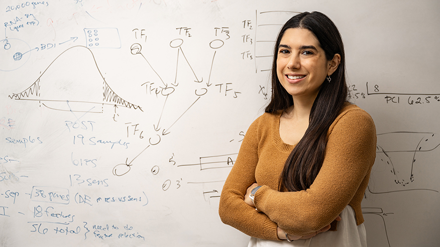 A woman with long black hair stands, arms crossed, in front of a whiteboard covered in mathematical notations.