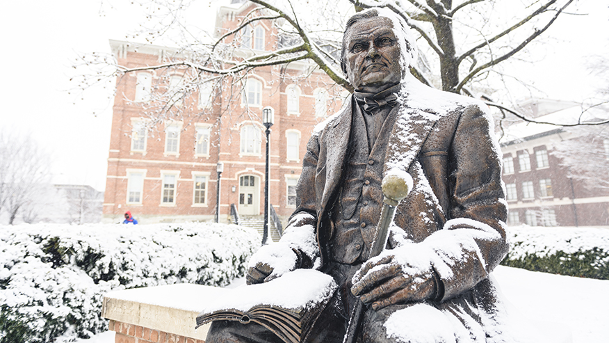 John Purdue statue in snow