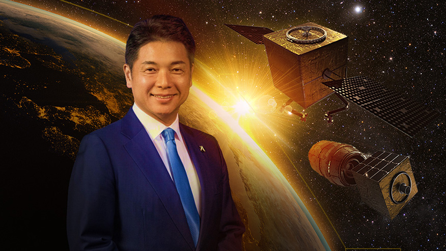 Graphic of man in front of space objects