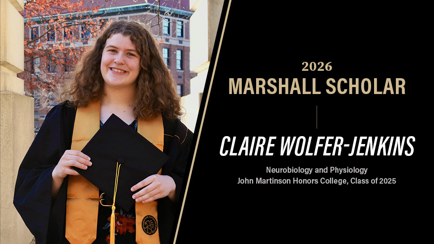 Graphic of Claire-Wolfer Jenkins wearing Purdue commencement attire.