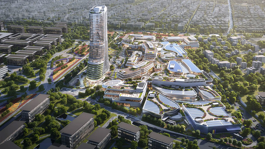 A rendering of an urban development showing a high-rise structure and multiple buildings.