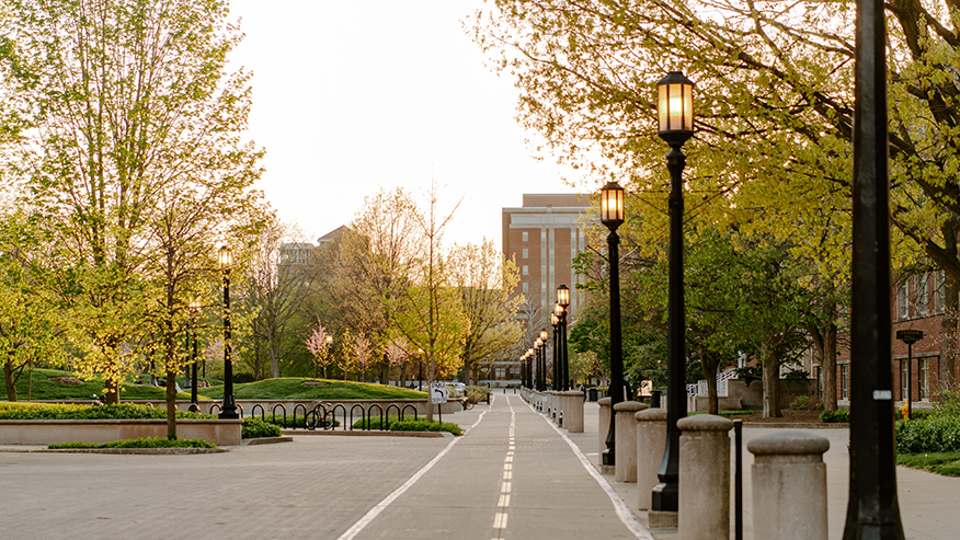 Purdue campus walkway with lampposts and trees at sunset