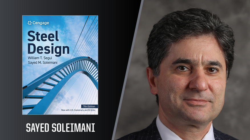 In Print graphic with Sayed Soleimani on the right and the cover of his book “Steel Design” on the left.