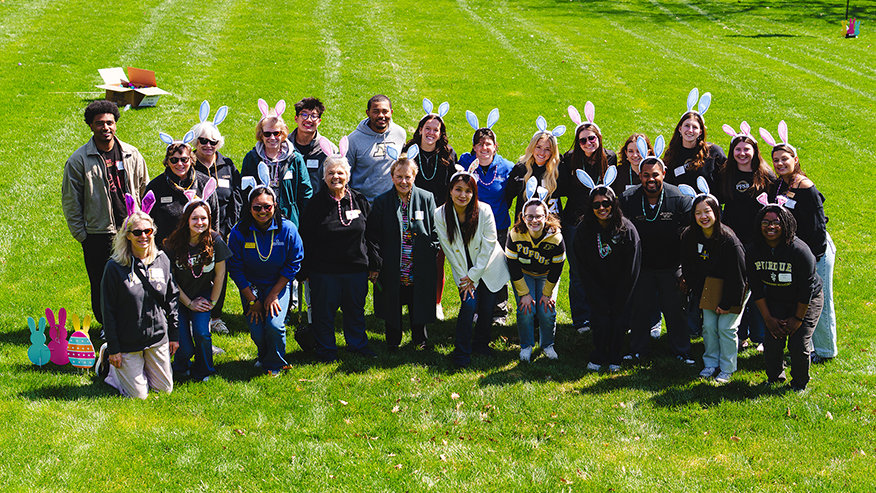 A group photo of volunteers from the egg hunt.