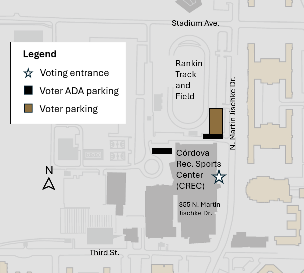 Map showing voting entrance and parking at Córdova Recreational Sports Center