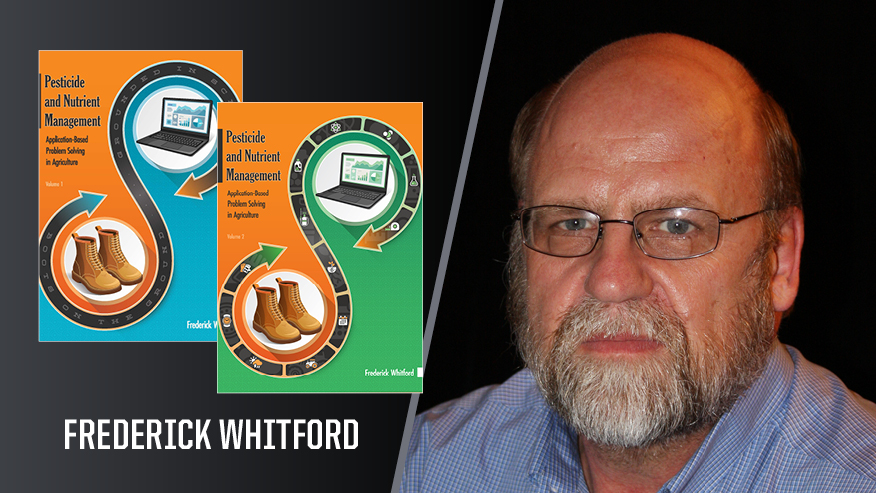 In Print graphic with Frederick Whitford, clinical engagement professor of botany and plant pathology, on the right, and the covers of his books 