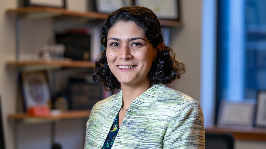 Arezoo Ardekani sits in an office and looks into the camera.
