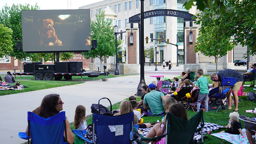 People watching movie outside of Union