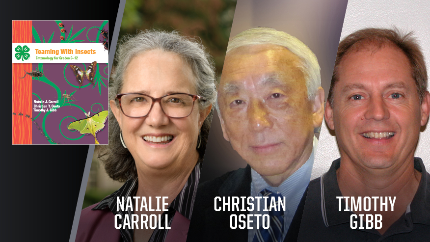 In Print graphic with Natalie Carroll, Christian Oseto, and Timothy Gibb on the right, and the cover of their book “Teaming With Insects: Entomology for Grades 3-12.”