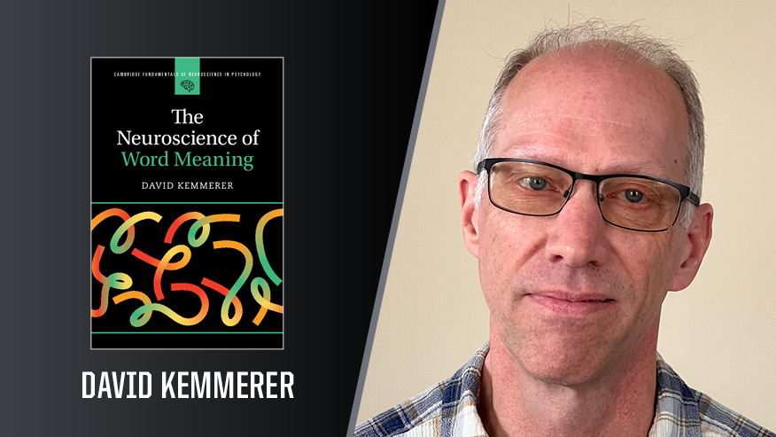 In Print graphic with David Kemmerer on the right, and the cover of his book “The Neuroscience of Word Meaning.”