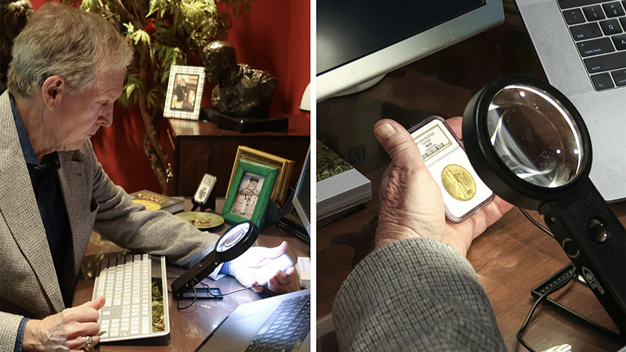 Man looking at coins