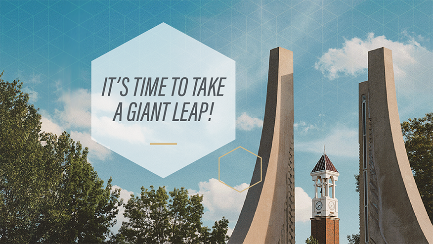 A graphic of the Engineering Fountain with the Purdue Bell Tower in the background. A hexagon is in the foreground with copy inside that reads, “It’s time to take a giant leap!”