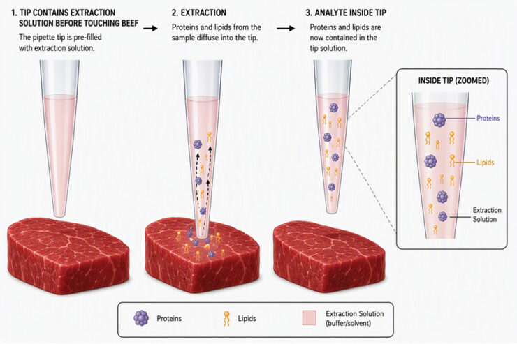Three illustrations of a pipette tip with a food sample and zoomed image of the pipette tip’s contents.