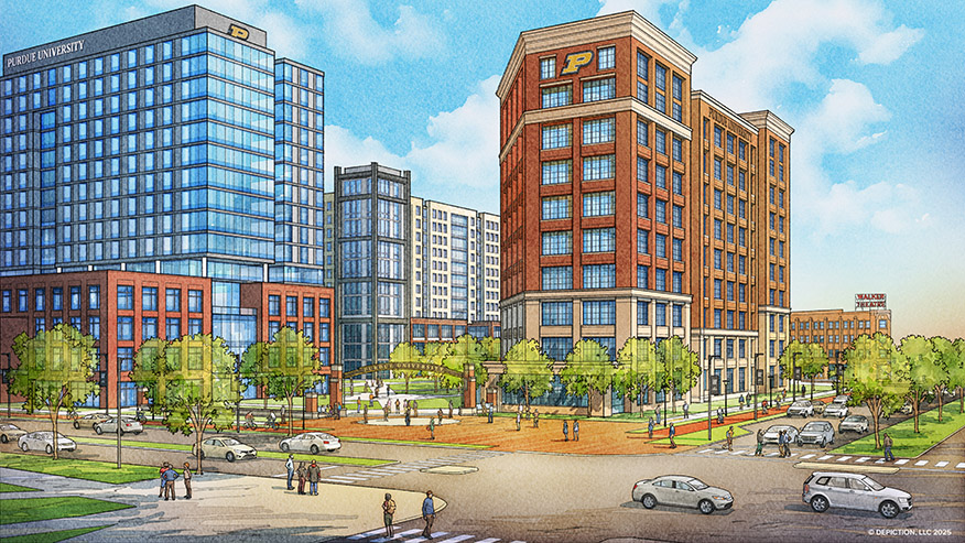A rendering of buildings at Purdue in Indianapolis