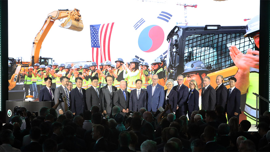 Officials participate in a ceremonial groundbreaking for SK hynix’s AI memory packaging and R&D facility at Purdue Research Park.
