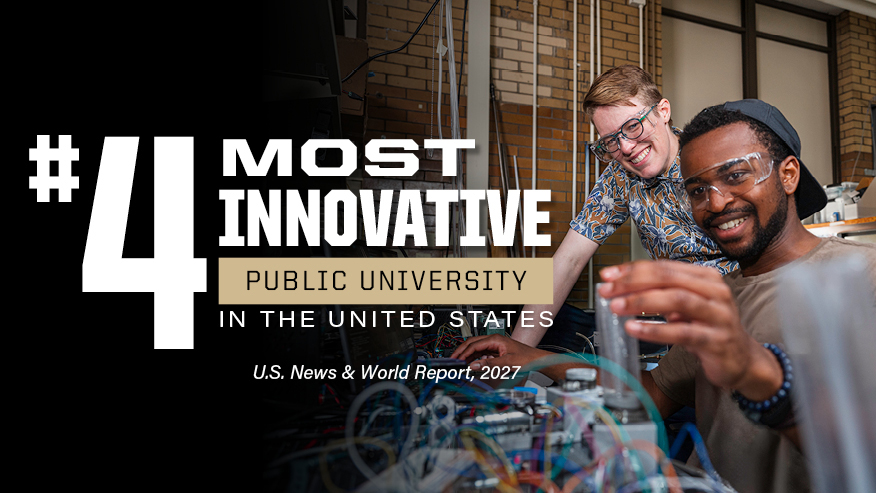 A graphic of a professor and a student in a lab with the words “#4 Most Innovative Public University in the United States, U.S. News & World Report, 2027”