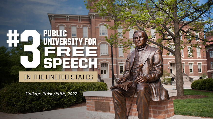 A graphic with the text “#3 public university for free speech in the United States, College Pulse/FIRE, 2027,” displayed beside the John Purdue statue and University Hall.