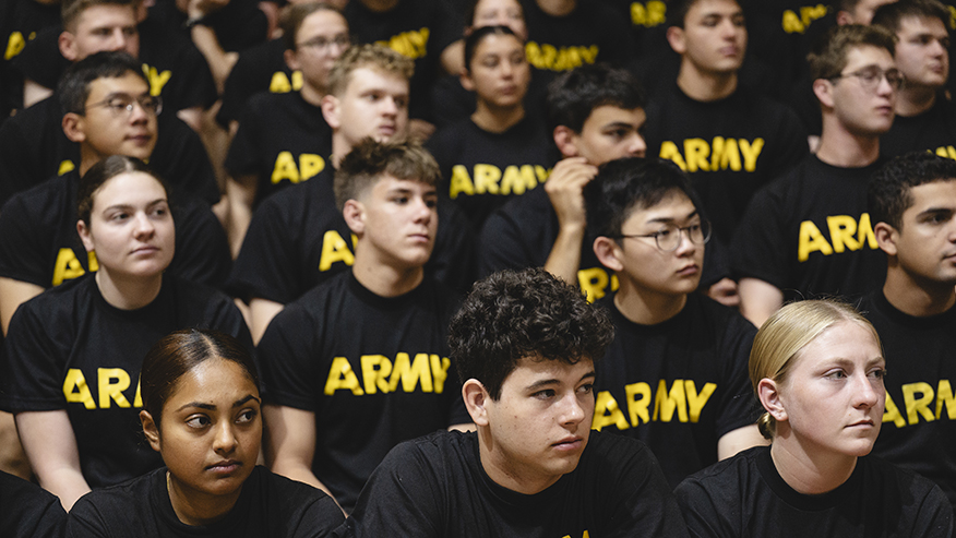 Seated ROTC members listen to speech
