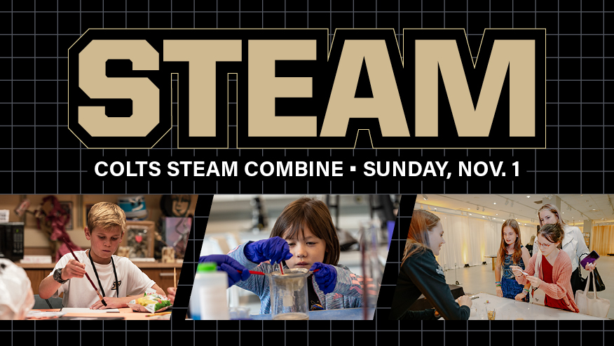 "STEAM" in big letters with three photos of children doing STEM activities